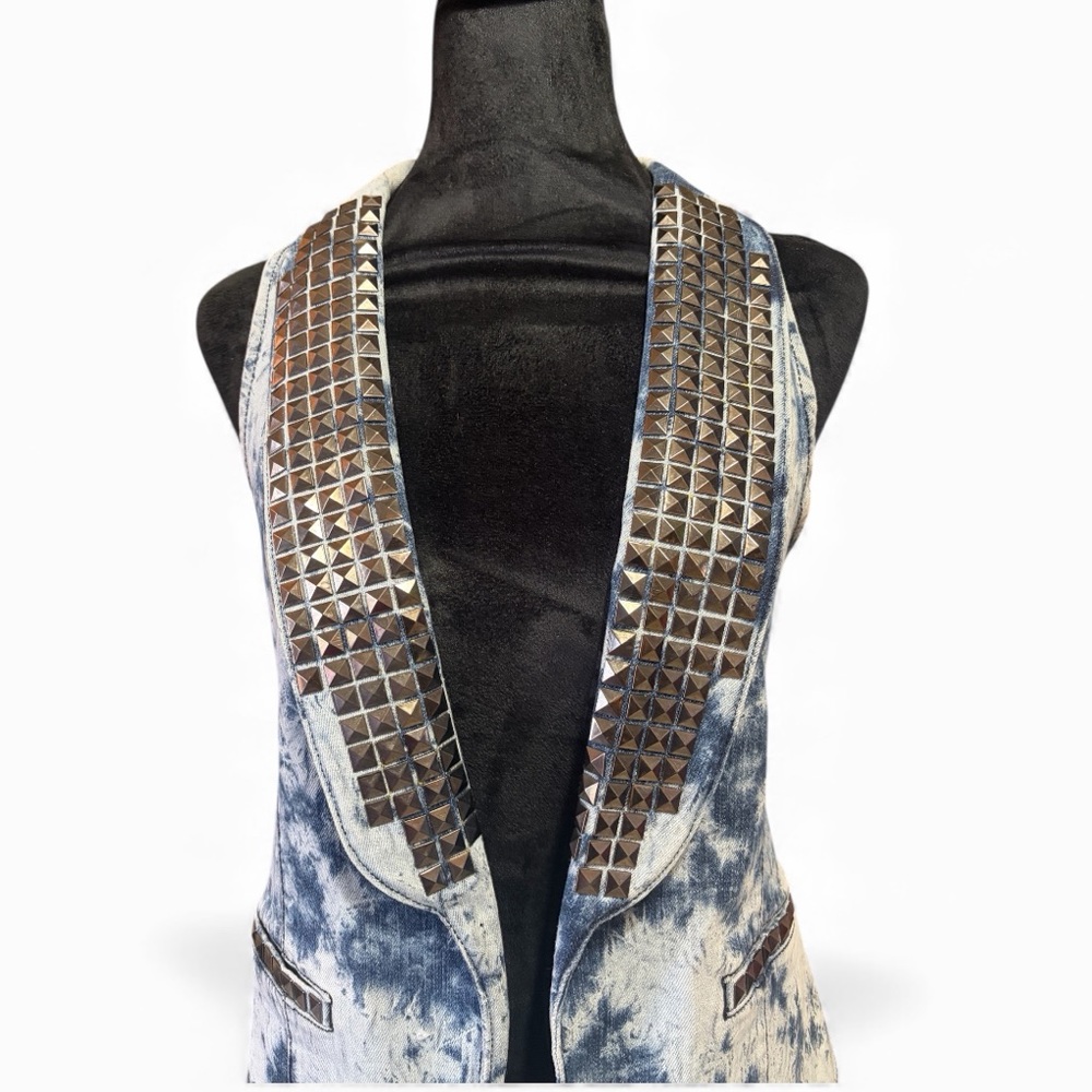 See you Monday, Studded Denim Vest, Sleeveless Tie-Dye Denim Vest, Small - Picture 4 of 12